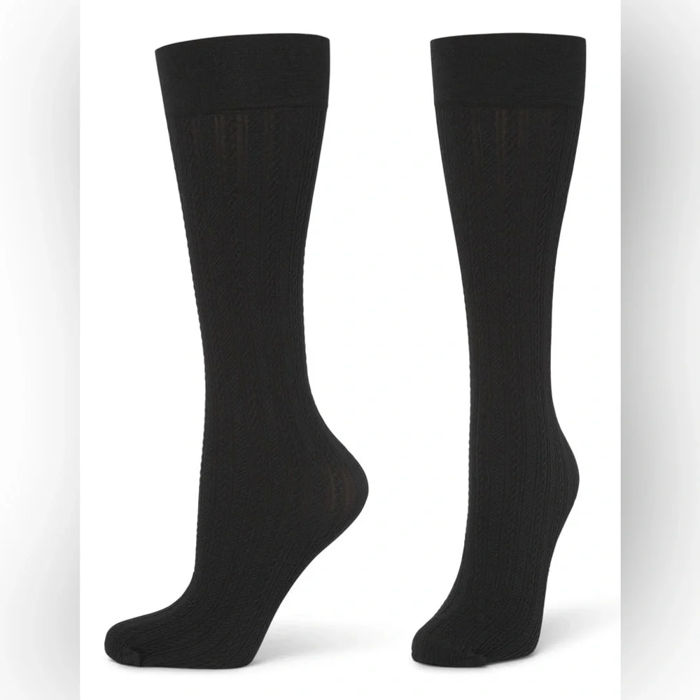 HUE CABLE KNIT RIB KNEE HIGH SOCKS BLACK OS NWT